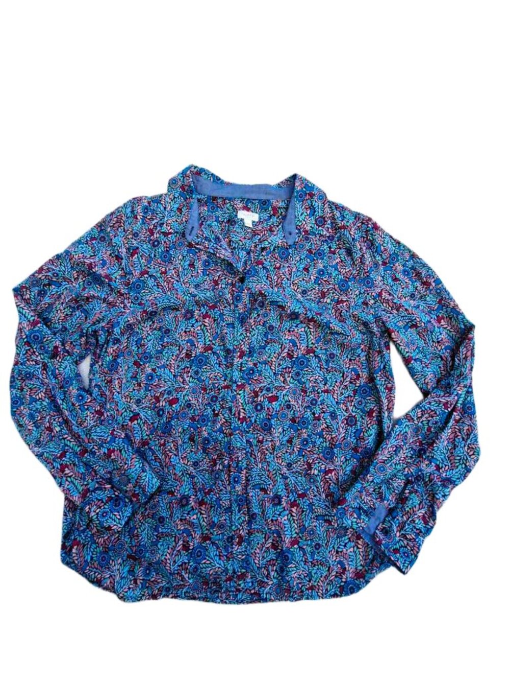 Talbots Floral Blue Teal Cotton Button‑ Down  Shirt Size L